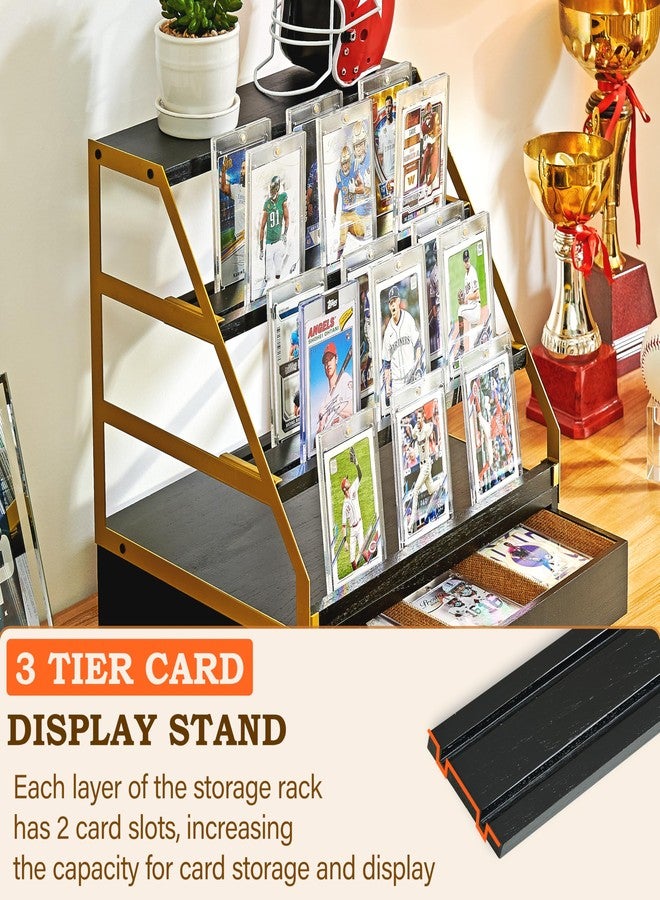 Poyilooo Trading Card Display, 3-Tier Baseball Card Storage with Drawer, Wood Graded Card Display, Sports Card Display Case for Card Game Collection-Trading Card Holder Christmas Gifts (Blackgold) - Image 3